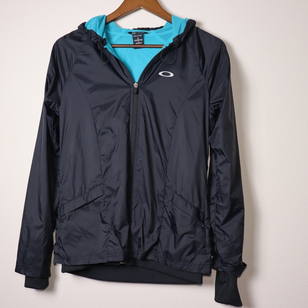 Oakley Womens Black Turquoise Mesh Lined Hooded Windbreaker Jacket Size XS